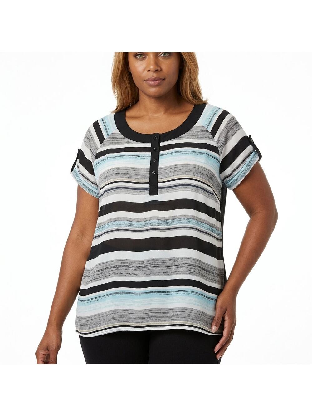 CATO WOMAN Cato Striped Chiffon Short Sleeve Scoop Neck Relaxed Top
